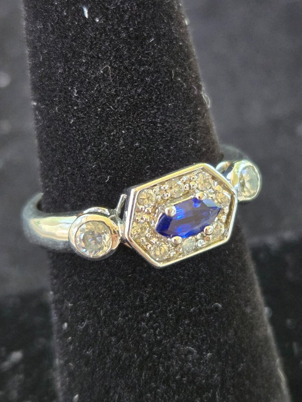 Avon Blue and Clear Rhinestone Silver Tone Ring